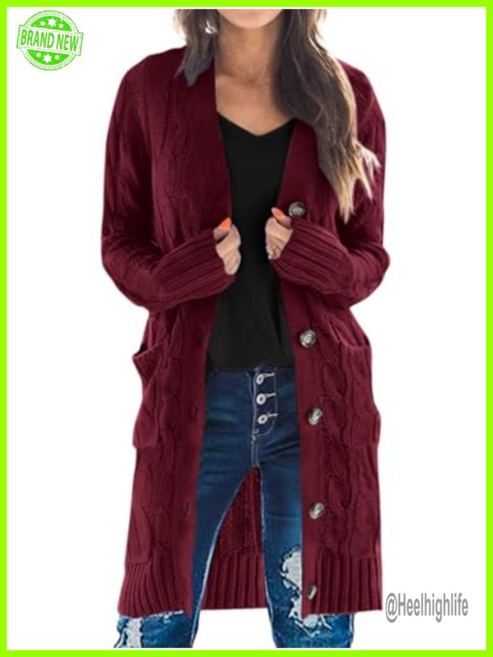 Cable Knit Button Down Long Cardigan Sweater with Pockets
